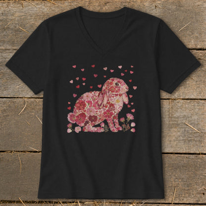 Black v-neck t-shirt with a rabbit made of pink flowers and scattered hearts.