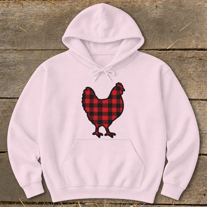 Light pink hoodie with a red and black buffalo plaid chicken graphic.