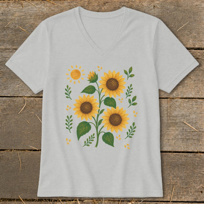 Light grey v-neck t-shirt with a sunflower and sun graphic.
