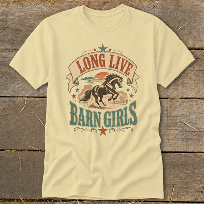 T-shirt with a graphic of a running horse and the text "Long Live Barn Girls".