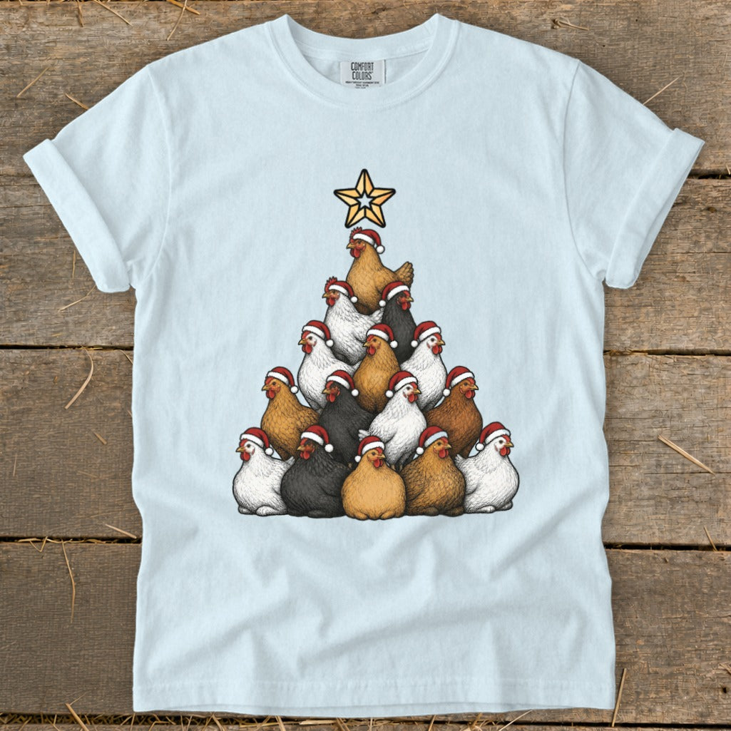 Chickens wearing Santa hats form a Christmas tree with a star on top.