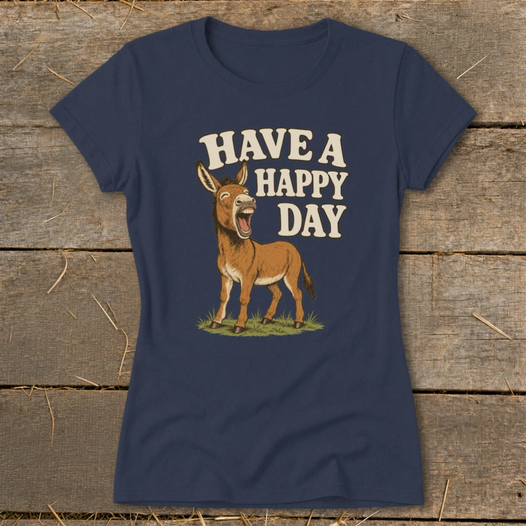 Navy t-shirt with a laughing donkey graphic and text "HAVE A HAPPY DAY".