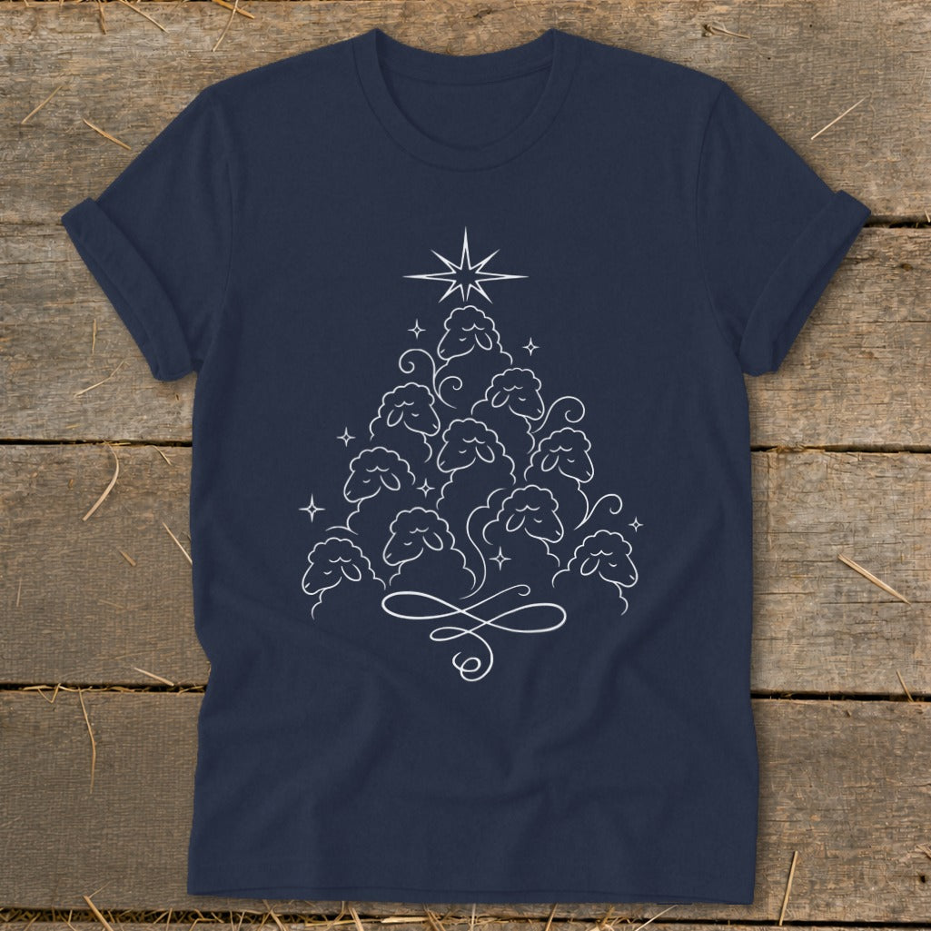 Navy t-shirt with white line art of a Christmas tree made of sheep and a star.