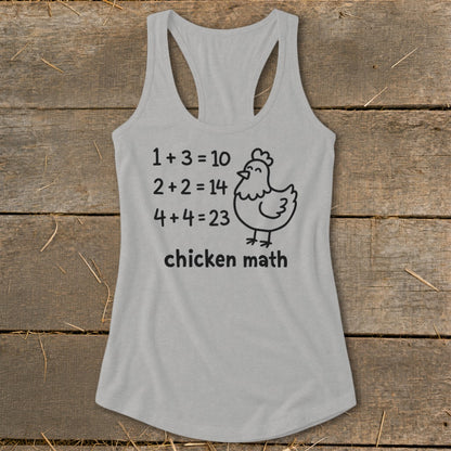 Grey tank top with "chicken math" and a cartoon chicken with incorrect math equations.