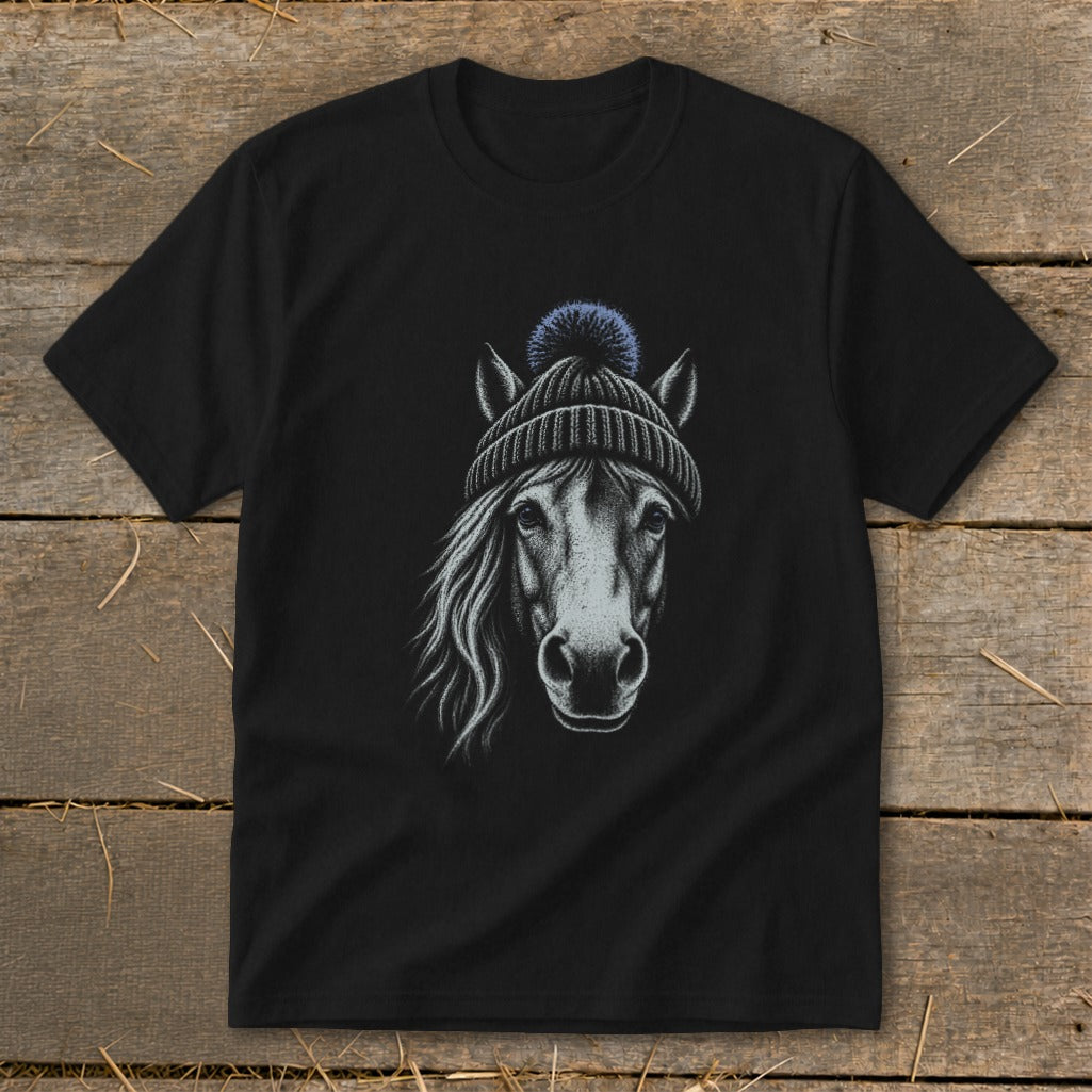 Black t-shirt with a sketch of a horse wearing a beanie.