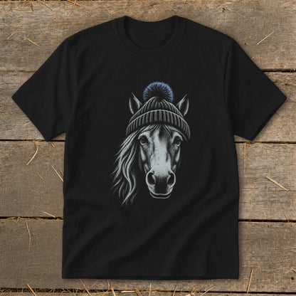 Black t-shirt with a sketch of a horse wearing a beanie.