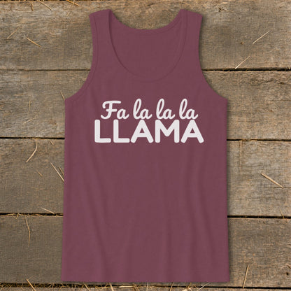 Maroon tank top with white text "Fa la la la LLAMA".