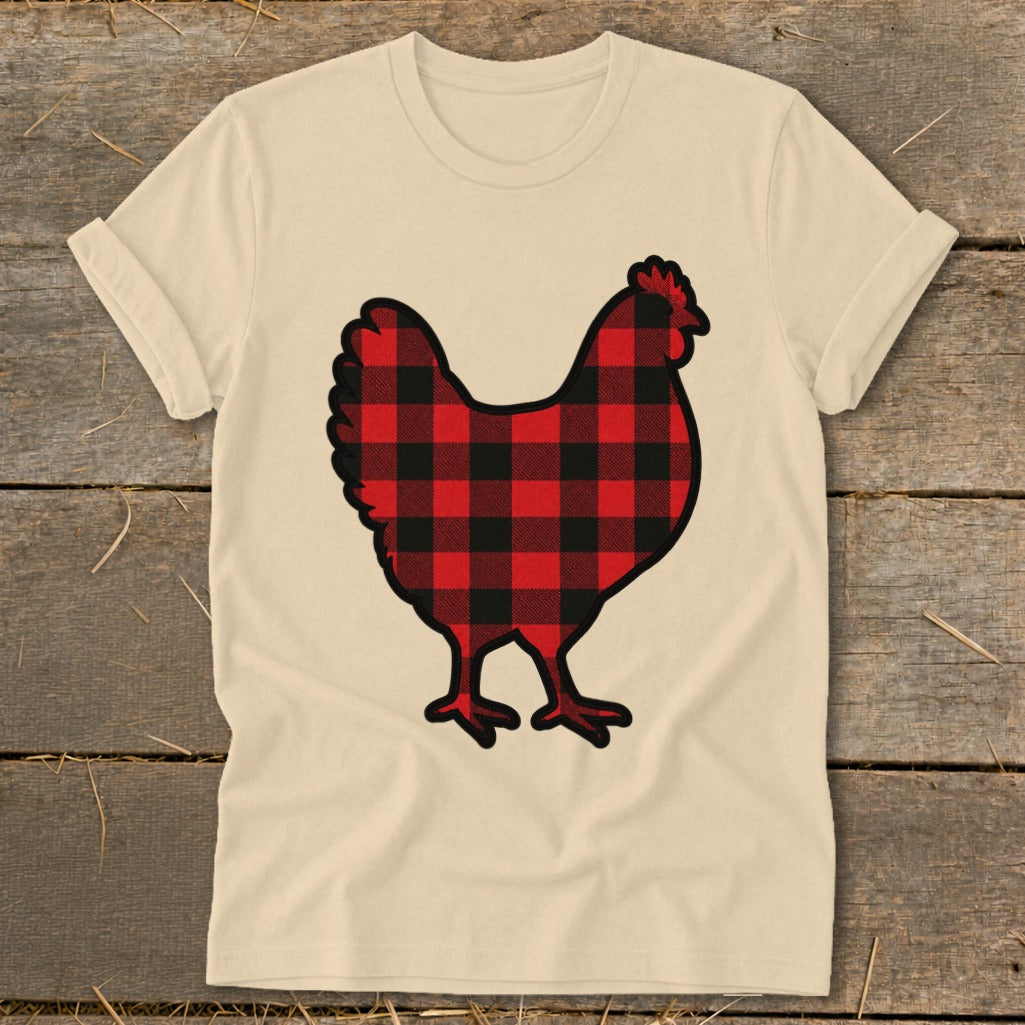 Cream t-shirt with a black and red buffalo plaid chicken graphic.