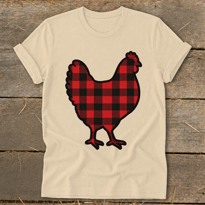 Cream t-shirt with a black and red buffalo plaid chicken graphic.