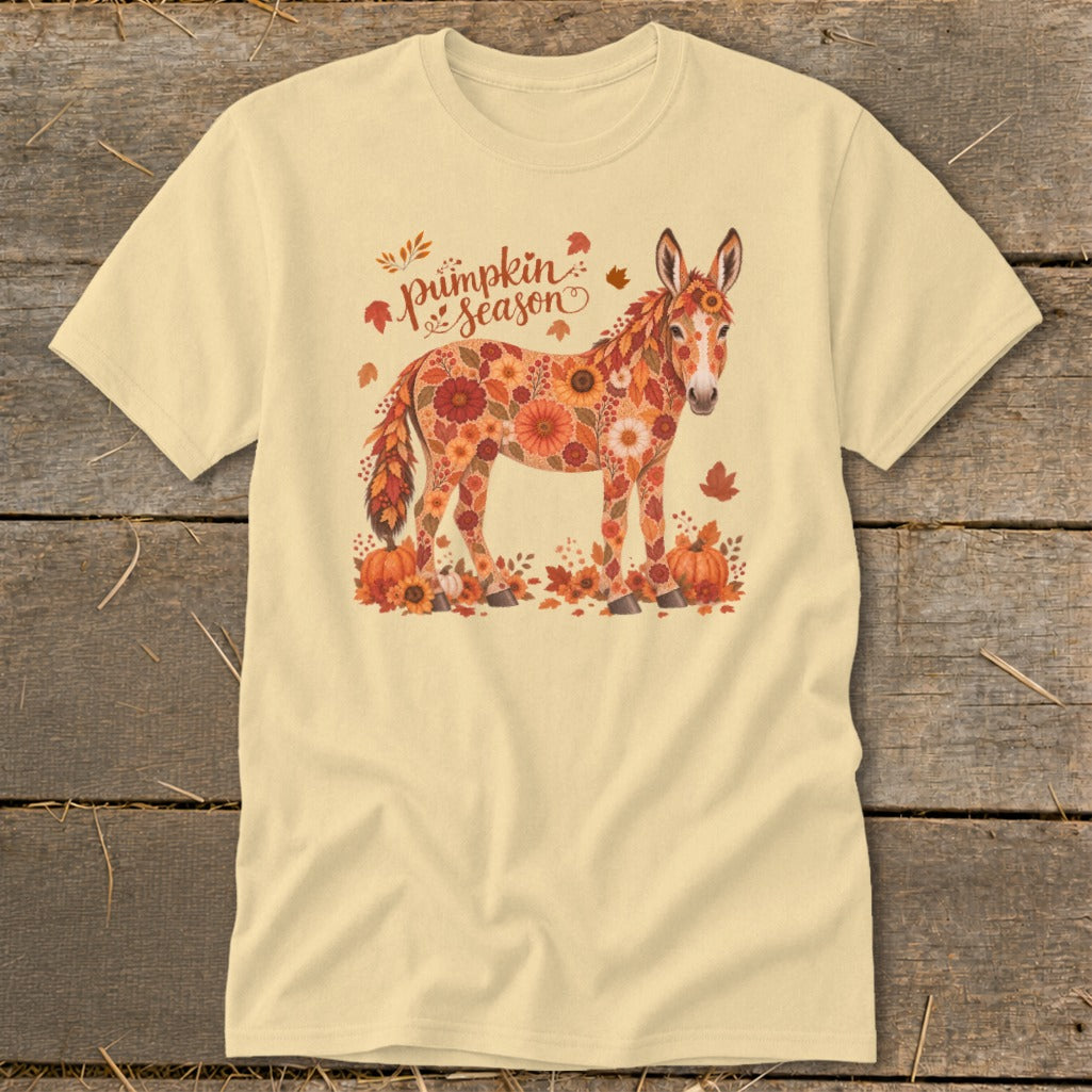 Donkey made of fall flowers and leaves with pumpkins, "pumpkin season" text.