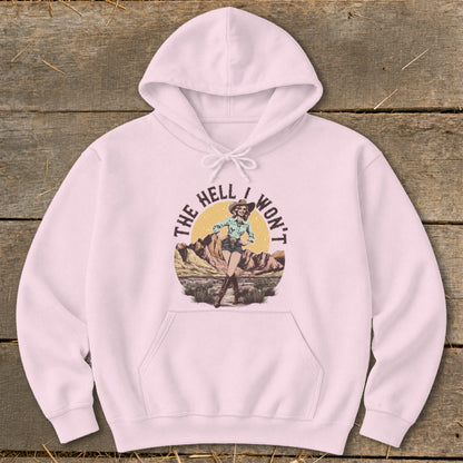 Pink hoodie with desert graphic and text "THE HELL I WON'T".