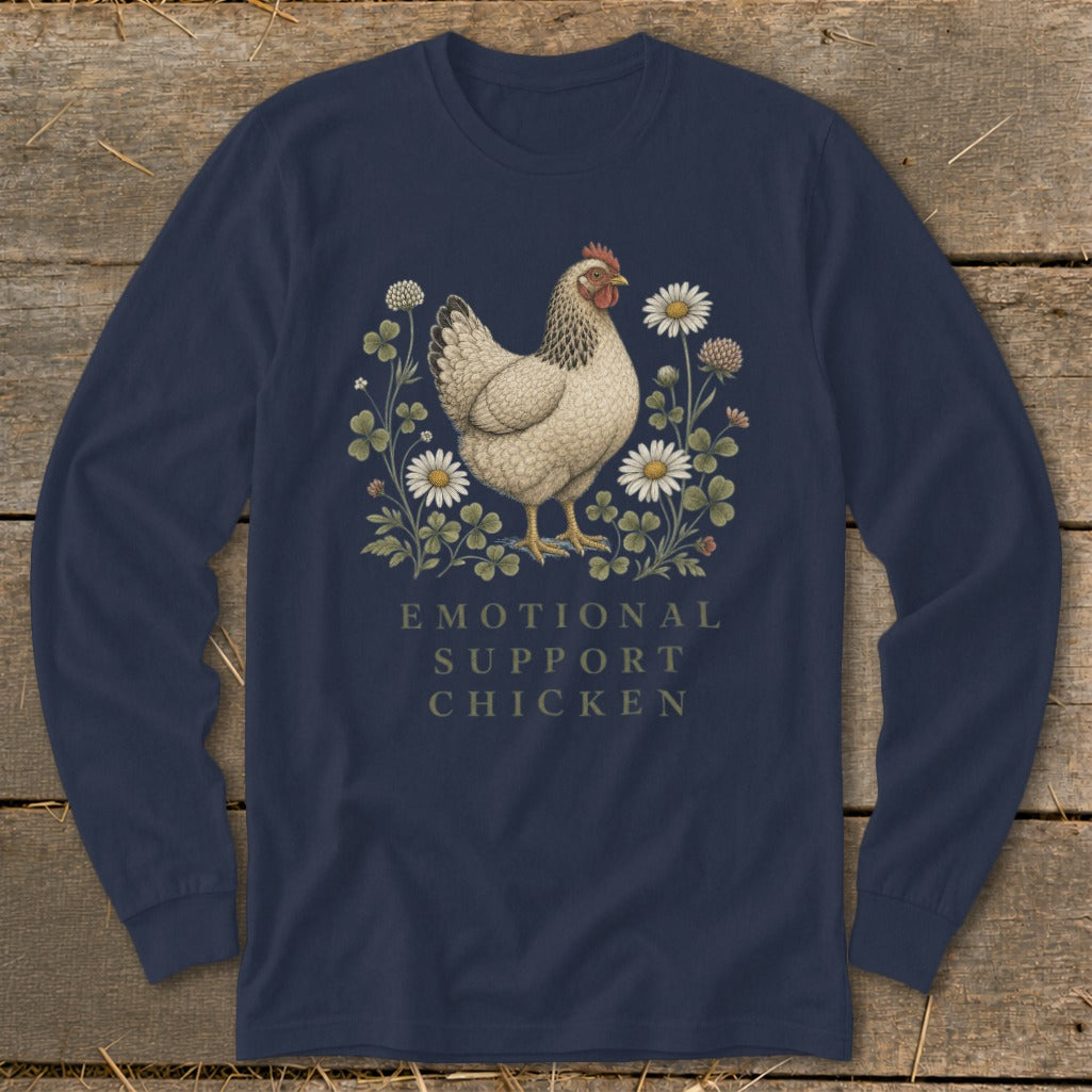 Navy long-sleeve shirt with a chicken illustration and "Emotional Support Chicken" text.