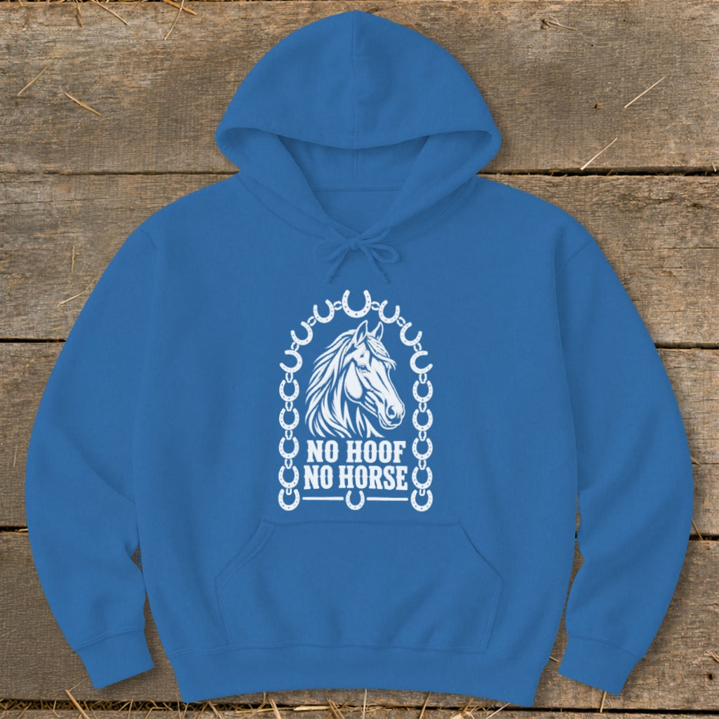 Blue hoodie with white horse graphic and "NO HOOF NO HORSE" text.
