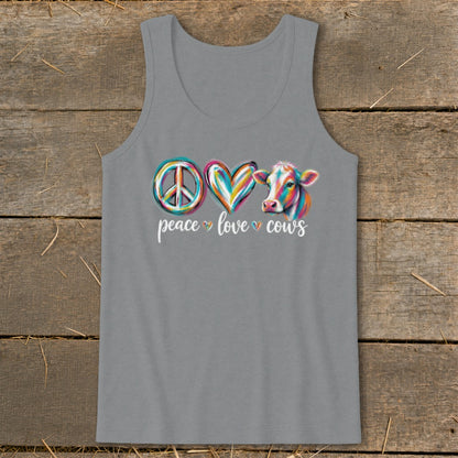 Gray tank top with colorful peace sign, heart, and cow graphic and text.