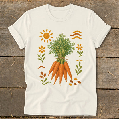 T-shirt with a bunch of carrots and a whimsical garden motif.