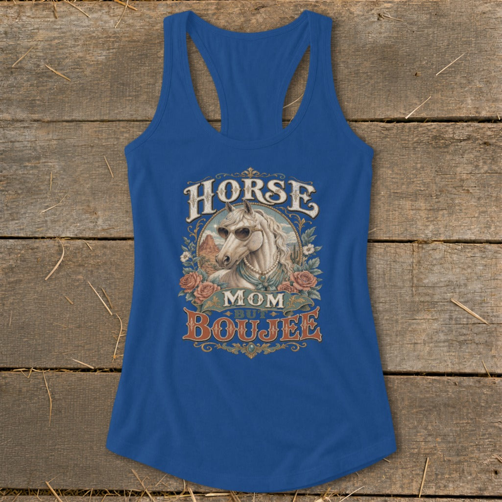 Blue tank top with a horse wearing sunglasses and "Horse Mom Boujee" text.