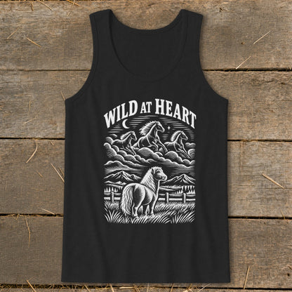 Black tank top with "Wild At Heart" text and horse graphic.