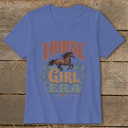 Blue v-neck t-shirt with "Horse Girl Era" text and a running horse graphic.