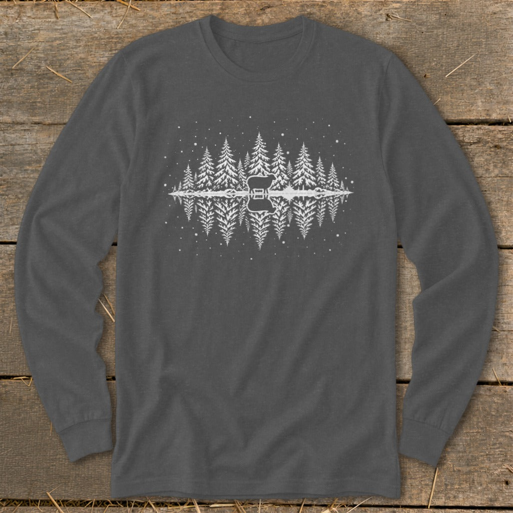 Long-sleeved t-shirt with a white graphic of a snowy forest and a guitar silhouette.