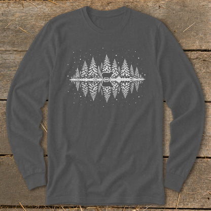 Long-sleeved t-shirt with a white graphic of a snowy forest and a guitar silhouette.