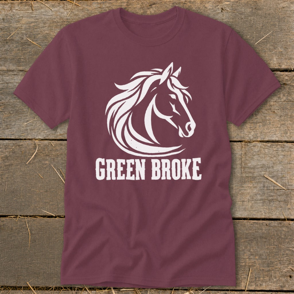 A maroon crewneck t-shirt featuring a white horse head graphic and the text GREEN BROKE.