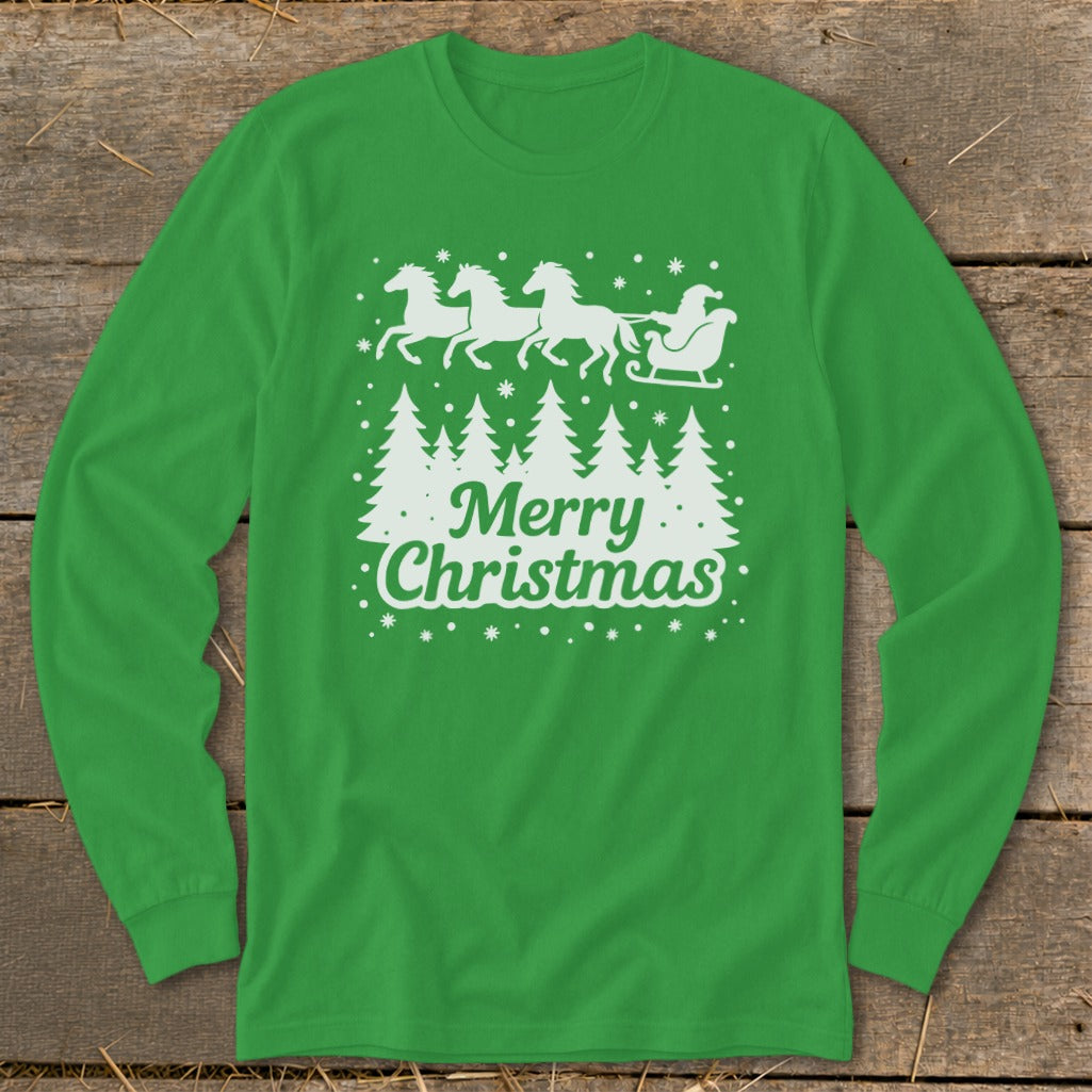 Green long sleeve shirt with white Christmas design and text.
