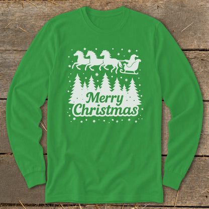 Green long sleeve shirt with white Christmas design and text.
