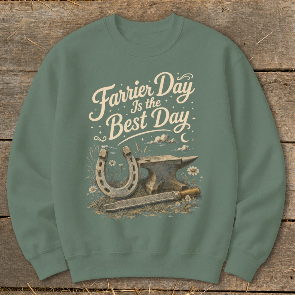 Green sweatshirt with "Farrier Day is the Best Day" and horseshoe, anvil, file graphic.