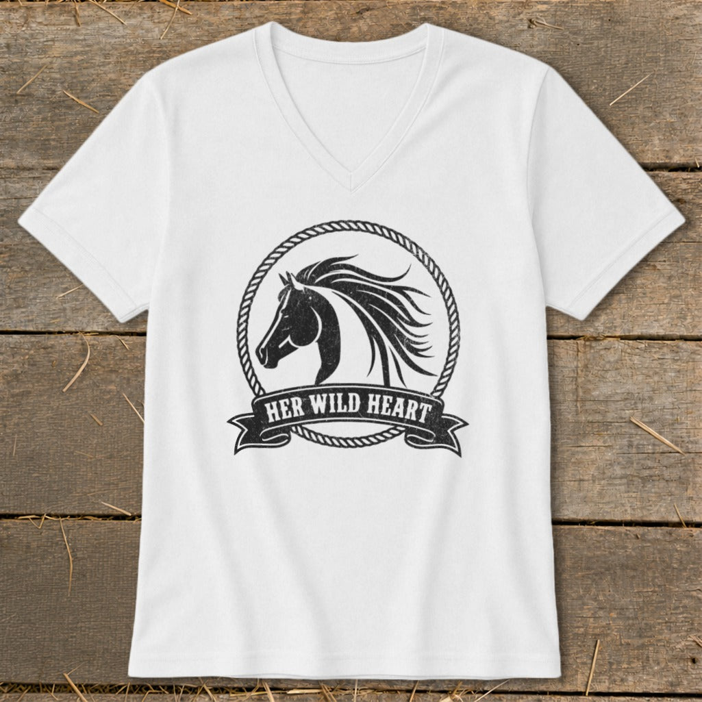 White v-neck t-shirt with black distressed horse head inside rope circle and text "HER WILD HEART".