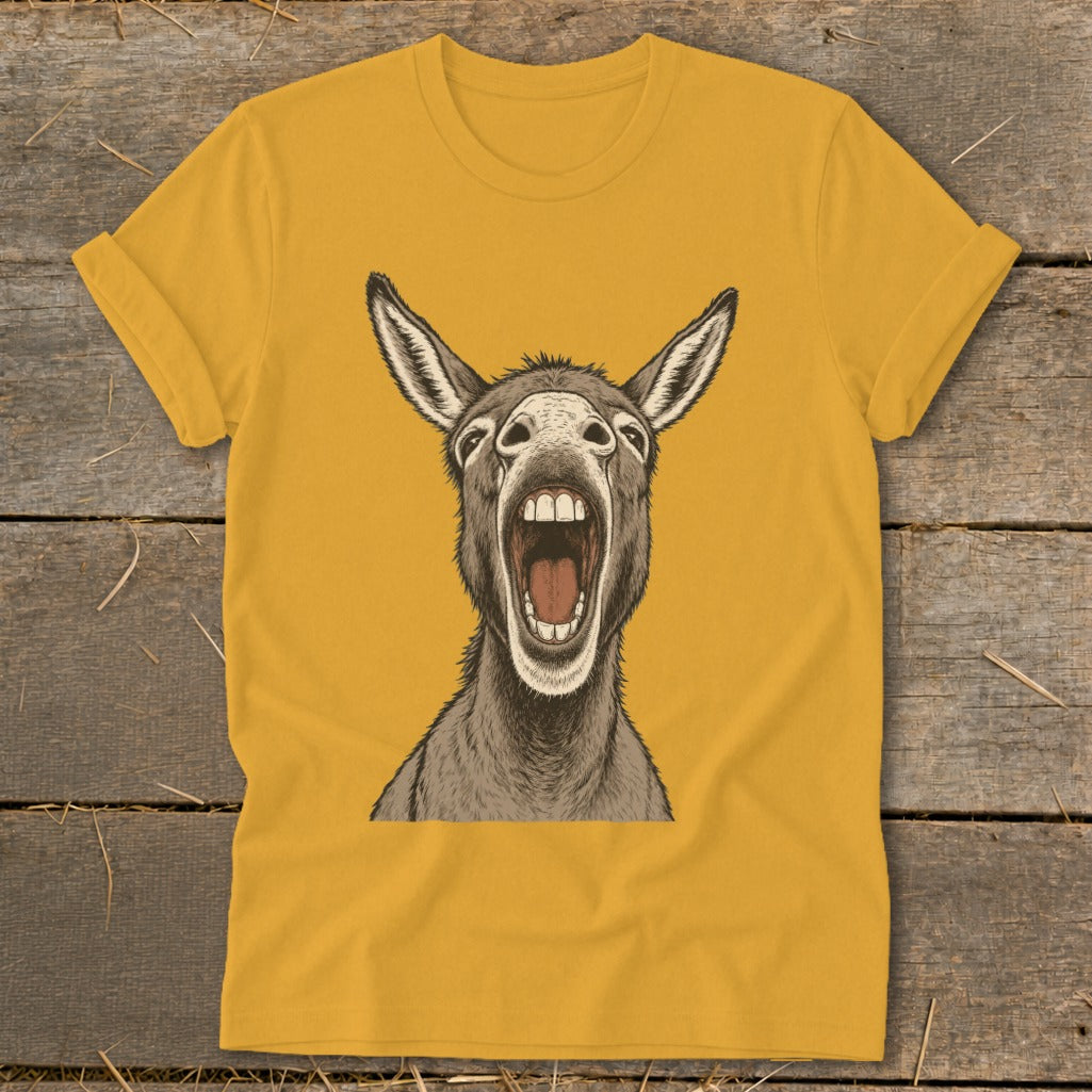 Yellow t-shirt with an illustration of a donkey with its mouth wide open.