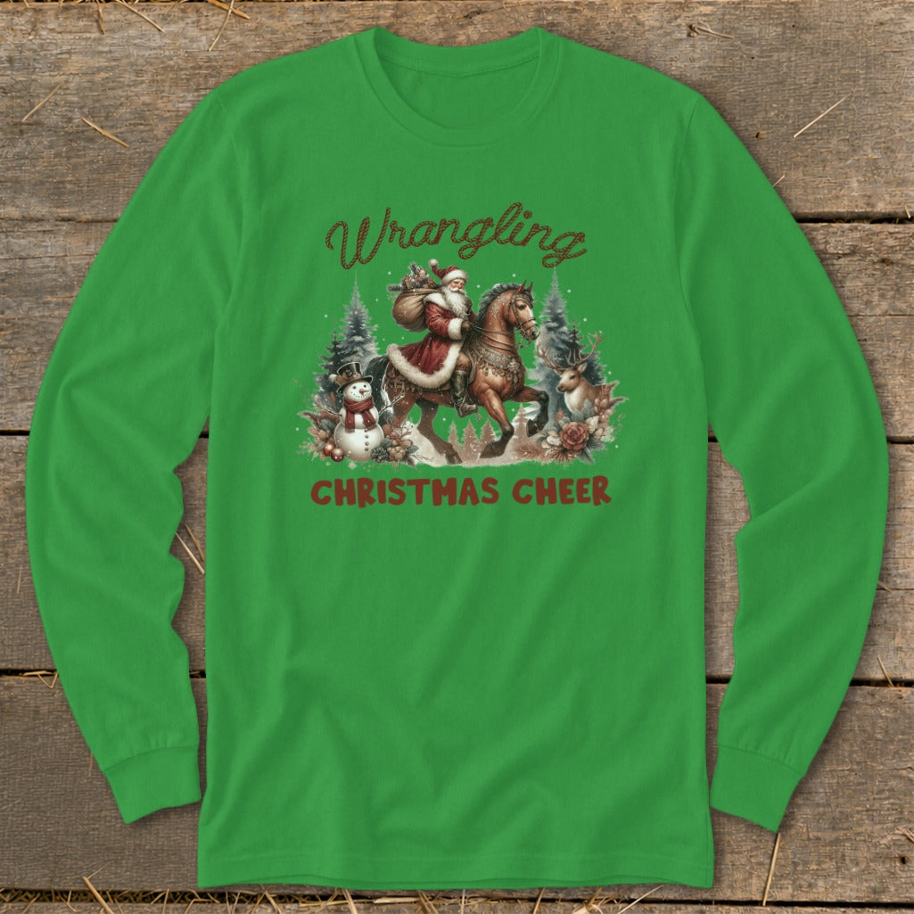 Green long-sleeve shirt with "Wrangling Christmas Cheer" and Santa on horseback graphic.