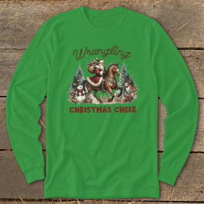 Green long-sleeve shirt with "Wrangling Christmas Cheer" and Santa on horseback graphic.