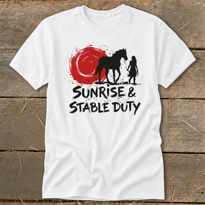 White t-shirt with "Sunrise & Stable Duty" text and horse and rider silhouette.