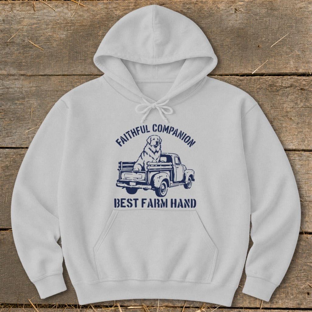White hoodie with navy graphic of dog in truck, "FAITHFUL COMPANION" and "BEST FARM HAND".