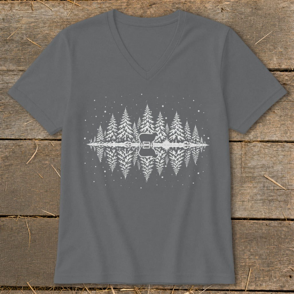 Grey t-shirt with white graphic of pine trees reflected in water with a deer silhouette.