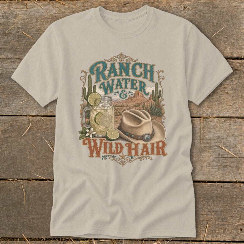 T-shirt graphic with "Ranch Water & Wild Hair" text, cowboy hat, and drink.