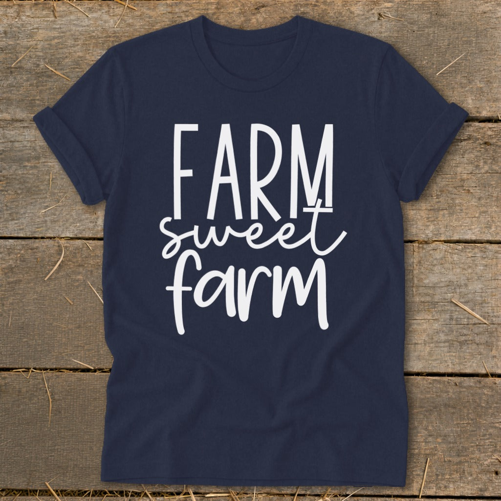 Navy t-shirt with white "FARM sweet farm" text design.