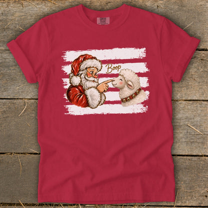 Santa booping a sheep with the word "Boop" and white stripes.