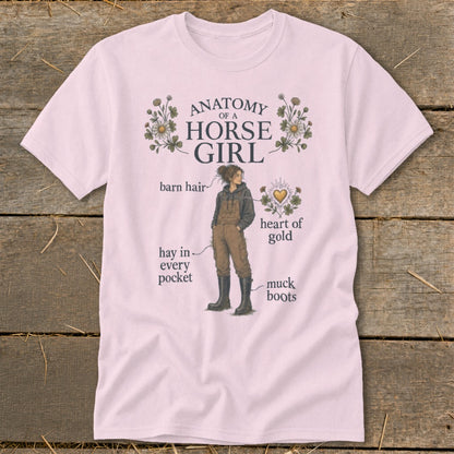 Anatomy of a Horse Girl t-shirt with illustration and text labels.
