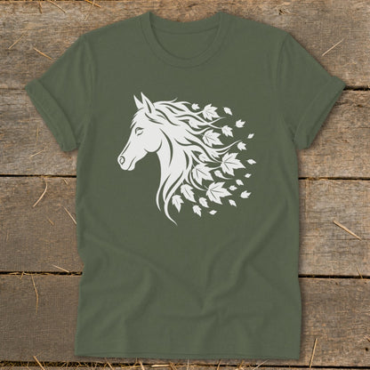Green t-shirt with white horse head and falling leaves design.