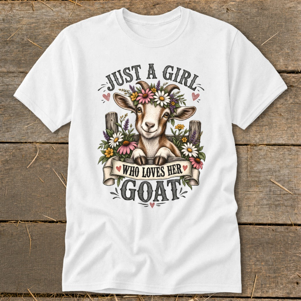 White t-shirt with a goat wearing a flower crown, "Just a Girl Who Loves Her Goat" text.