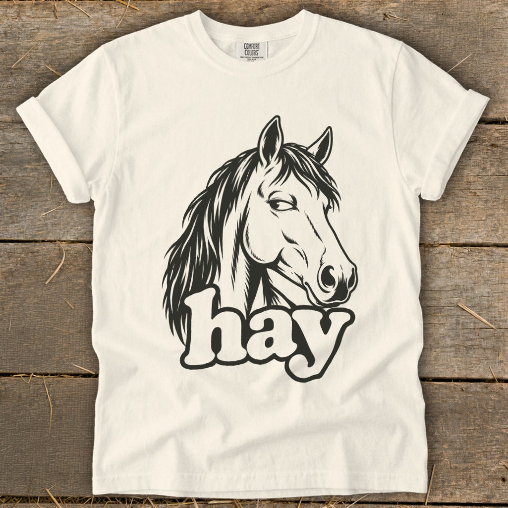 Cream t-shirt with black graphic of a horse's head above the word "hay".