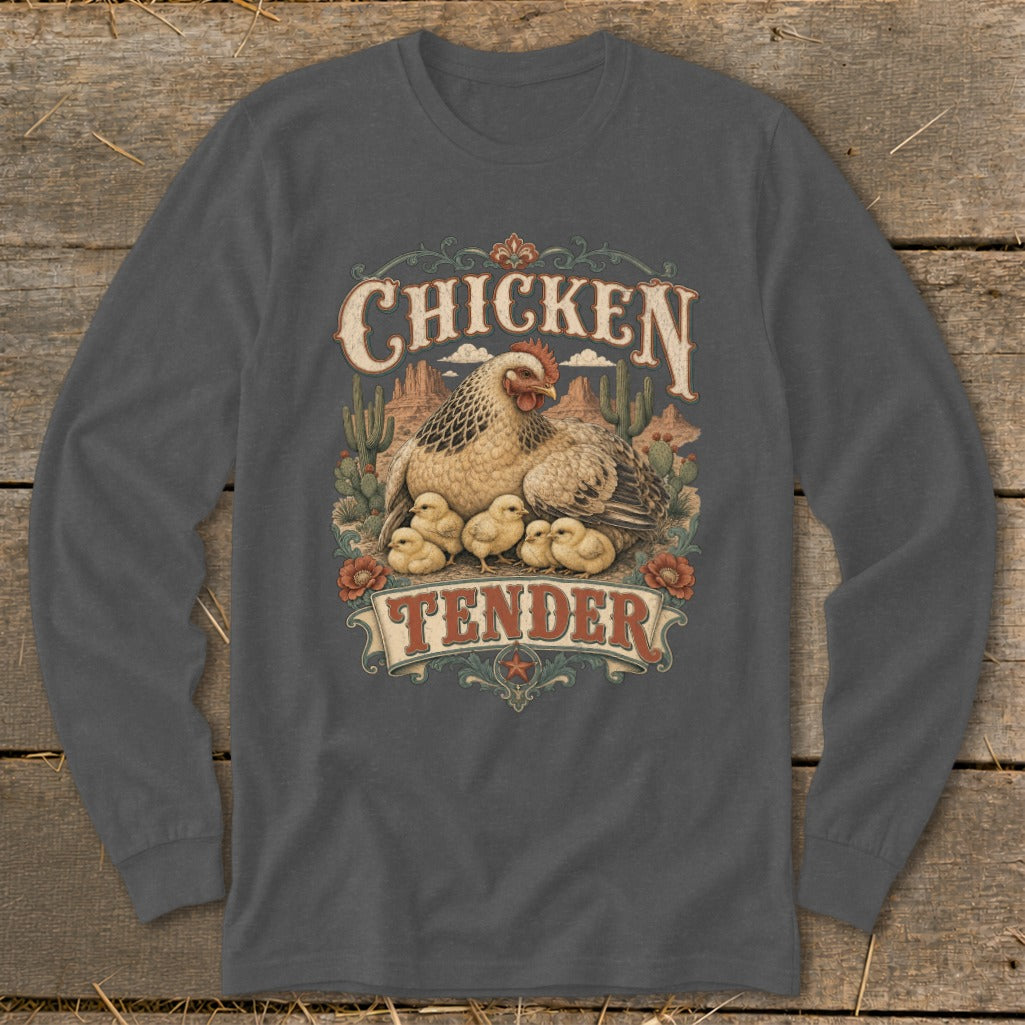 Long sleeve shirt with "Chicken Tender" graphic featuring a hen and chicks in a desert landscape.