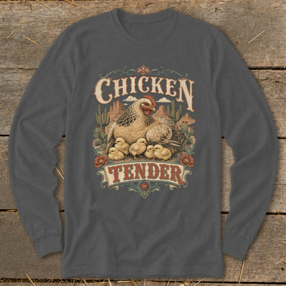 Long sleeve shirt with "Chicken Tender" graphic featuring a hen and chicks in a desert landscape.