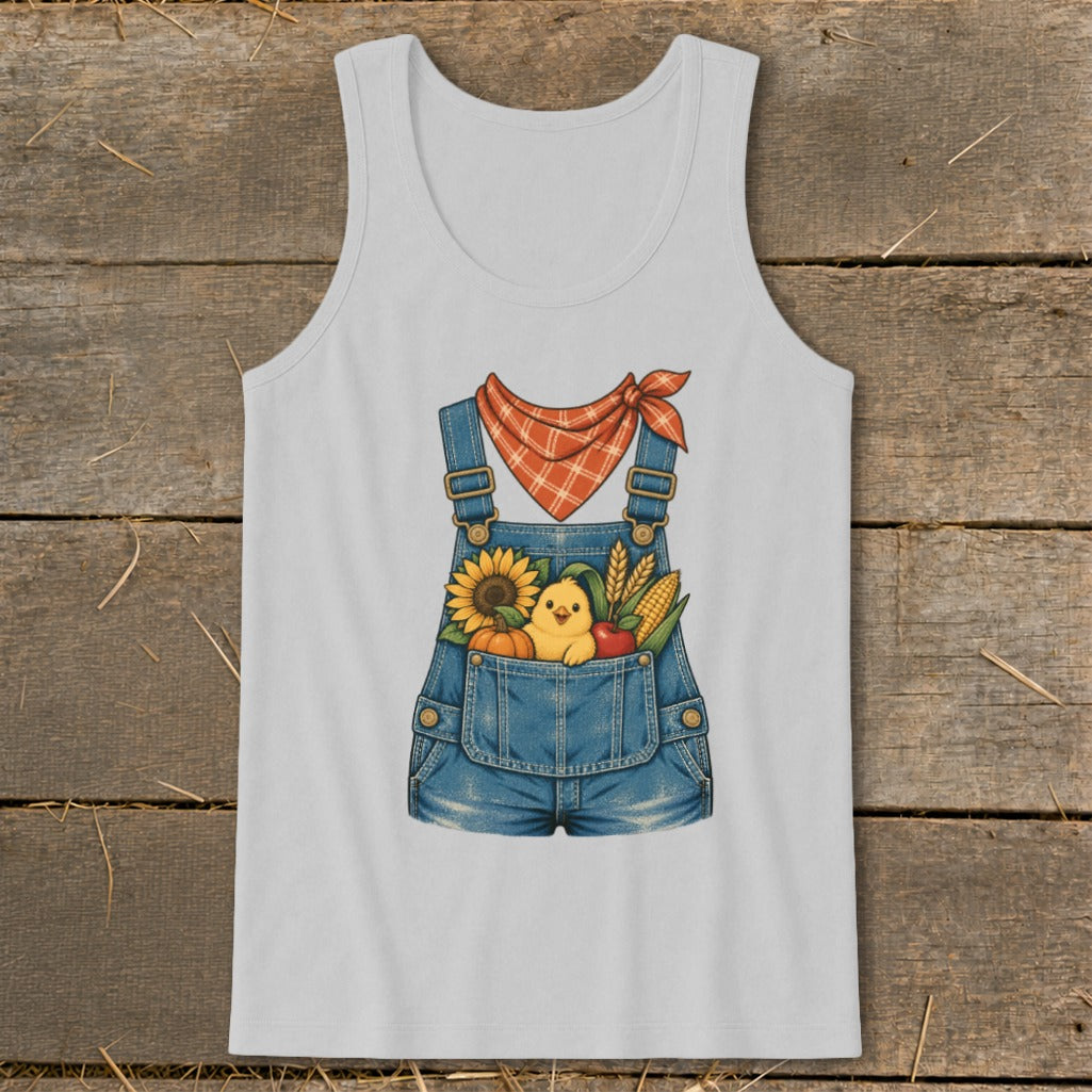 Graphic of overalls with chick, pumpkin, sunflower, corn, and apple in the pocket.