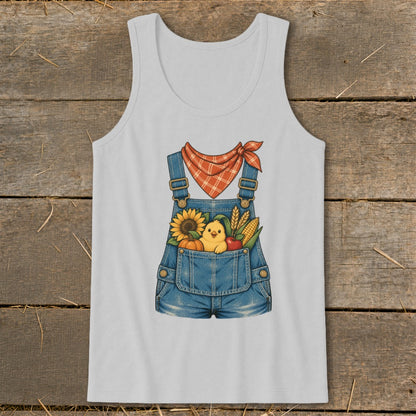 Graphic of overalls with chick, pumpkin, sunflower, corn, and apple in the pocket.