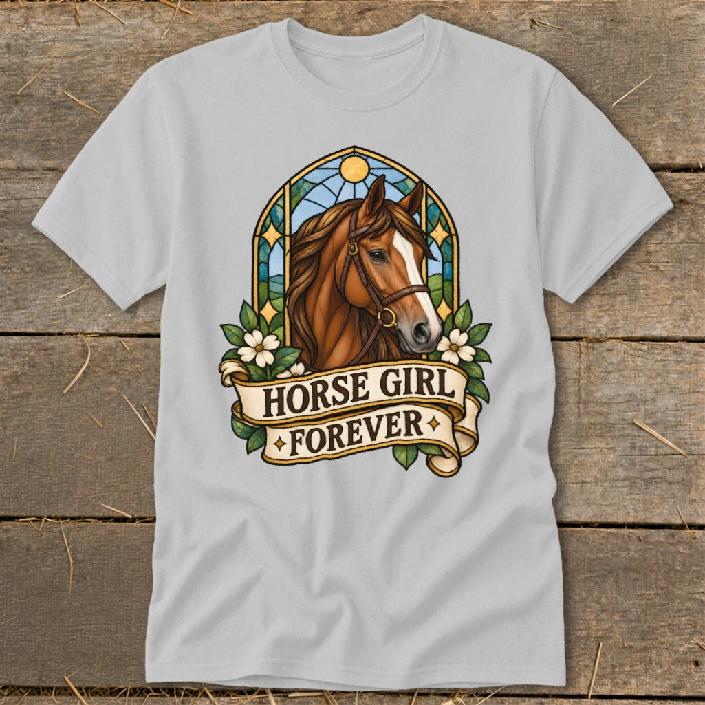 Light grey t-shirt with a brown horse head in stained glass, text "HORSE GIRL FOREVER".