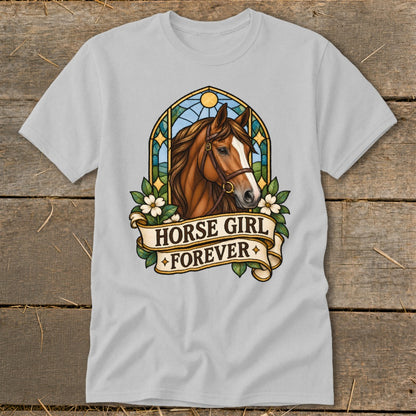 Light grey t-shirt with a brown horse head in stained glass, text "HORSE GIRL FOREVER".