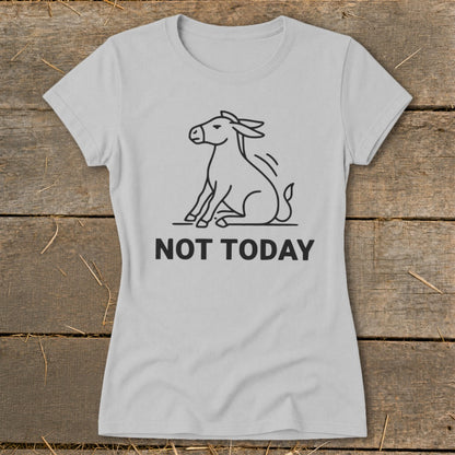 Grey t-shirt with a black line drawing of a donkey sitting and the text "NOT TODAY".