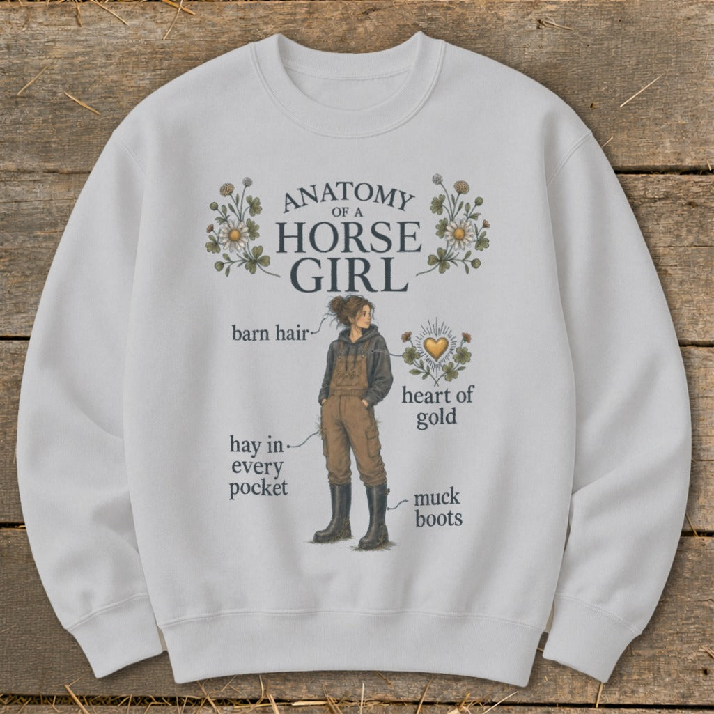 Light grey sweatshirt with "Anatomy of a Horse Girl" text and illustration.